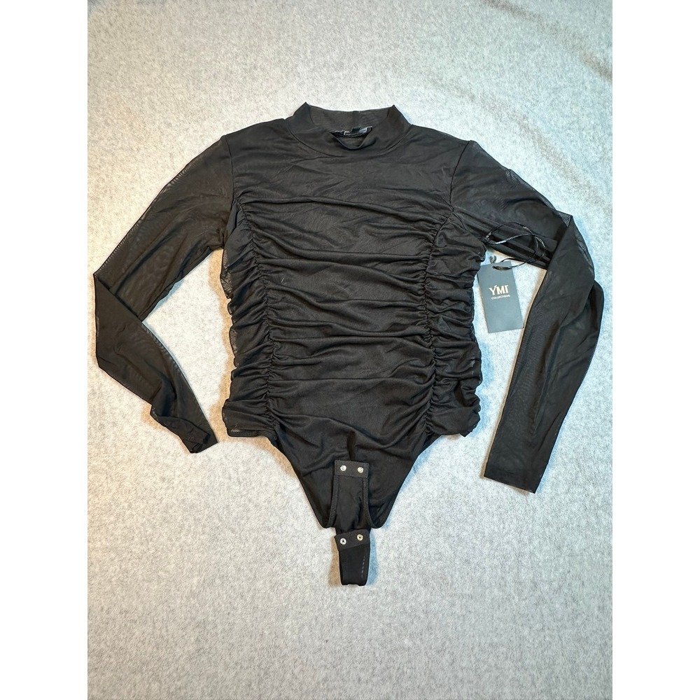 YMI Collections Womens Black Mesh Ruched Mock Neck Long Sleeve Bodysuit XL NWT